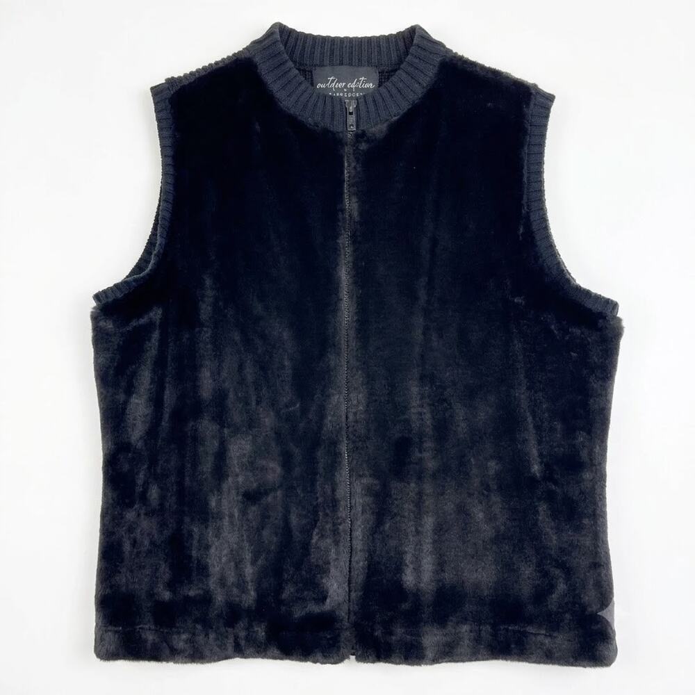 Outdoor Edition Parkhurst Faux Fur Ribbed Vest Jacket Black Zip VTG Women Large